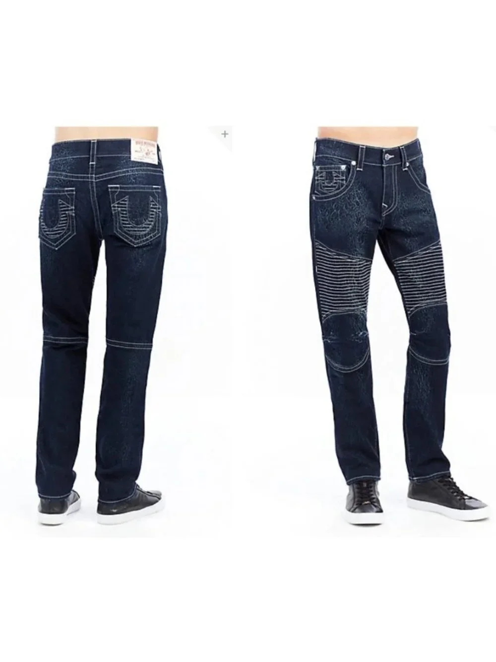 True Religion Moto Skinny Jeans Men's 34x28 Dark Wash Run Stitch Cracked Texture